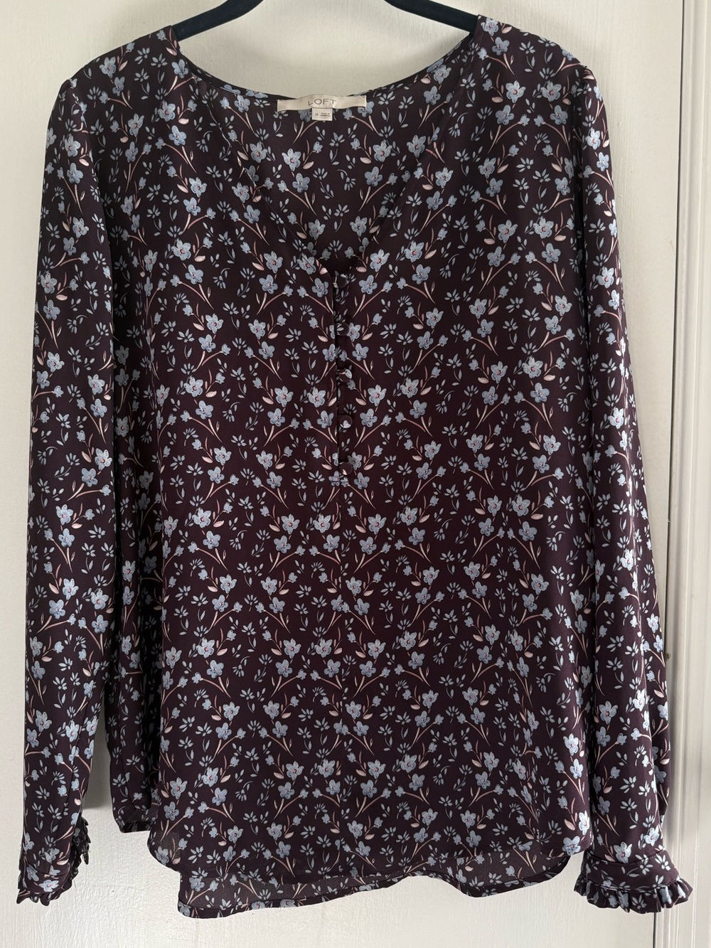 LOFT Burgundy Floral Long Sleeve Blouse with Light Blue Blooms Size M